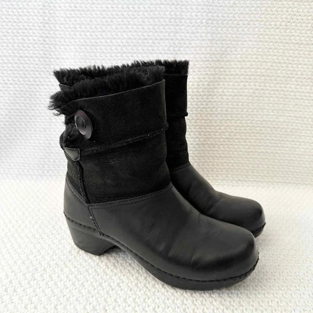 Dansko Stormy Black Leather Soft Fur Shaft Fold Over Button Ankle Clog Boots 36