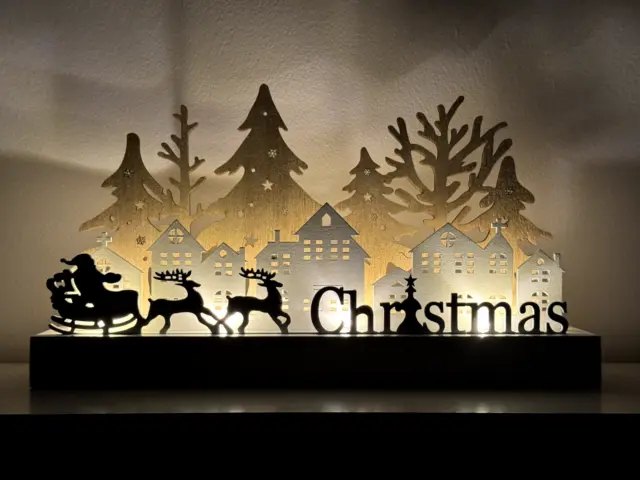 Christmas LED Scene Ornament Santa Sleigh Wooden Light Up Xmas Home Decoration