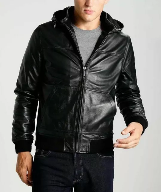 Nero Pelle Giacca Uomo Originale D'Agnello Biker Moto Moda Felpa con Cappuccio