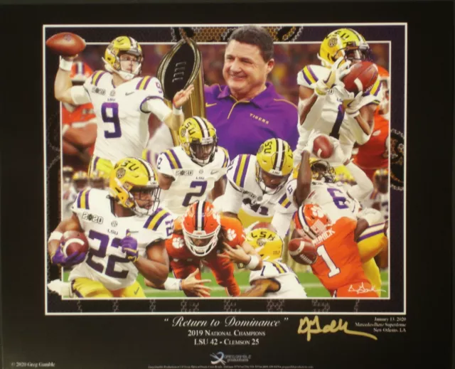 LSU Tigers Joe Burrow Coach O 2019 National Champions LE print  by Greg Gamble