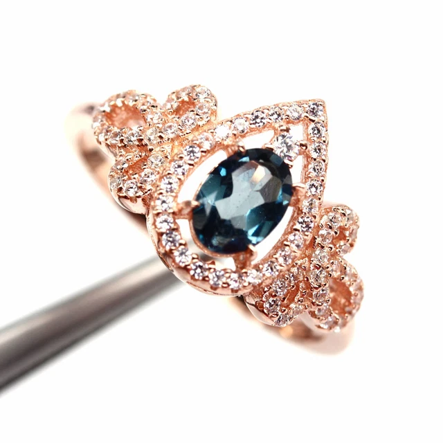 NATURAL 5 X 7 mm. LONDON BLUE TOPAZ & WHITE CZ 925 STERLING SILVER RING SZ 9