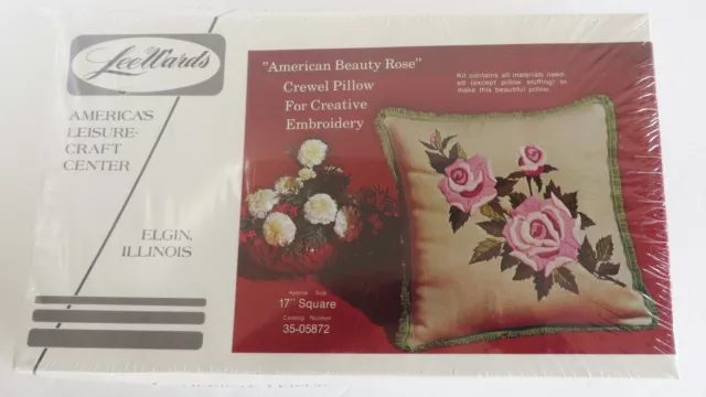 American Beauty Rose Pillow Crewel Embroidery Kit Lee Wards Vintage 17" x 17"