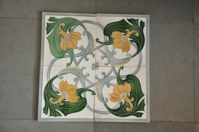 4 Pc Vintage Majolica Floral Decorative Art Ceramic Tiles , Japan