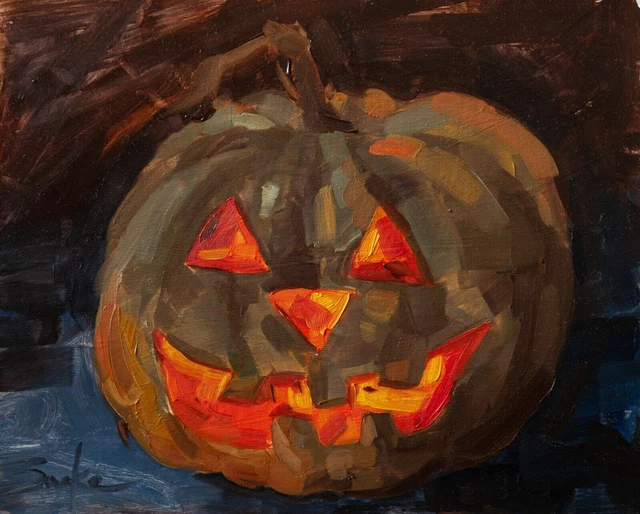 Pittura a olio originale, arte della natura morta impressionista, zucca di...