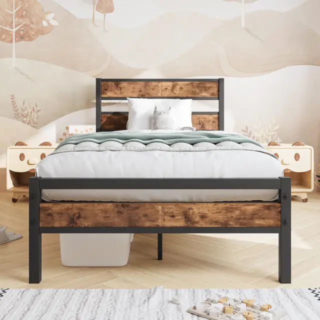 HOJINLINERO Metal Single Bed Frame 90x190 with Storage & Wood Headboard,Black