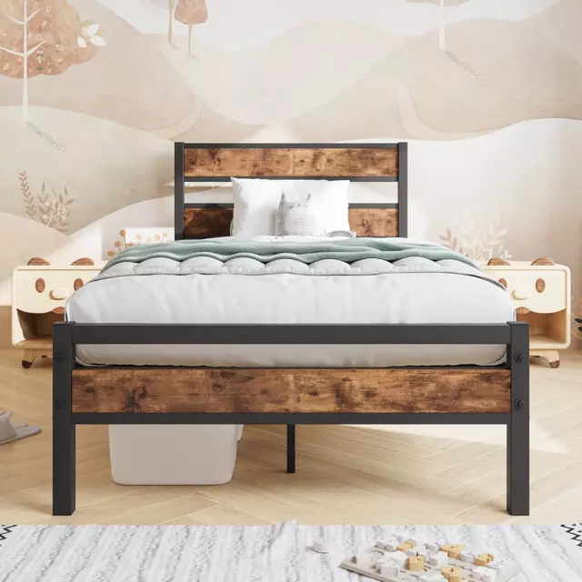 HOJINLINERO Metal Single Bed Frame 90x190 with Storage & Wood Headboard,Black