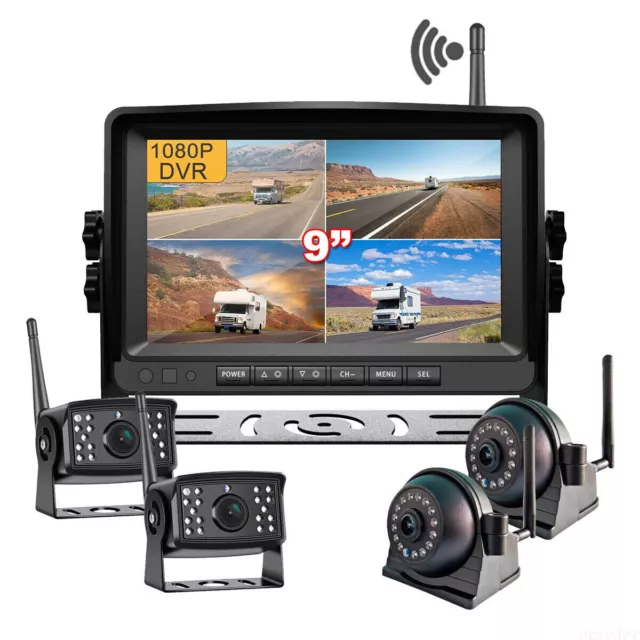 9" Quad Split Digital Wireless DVR Monitor Backup Reversing Camera Rear View Kit