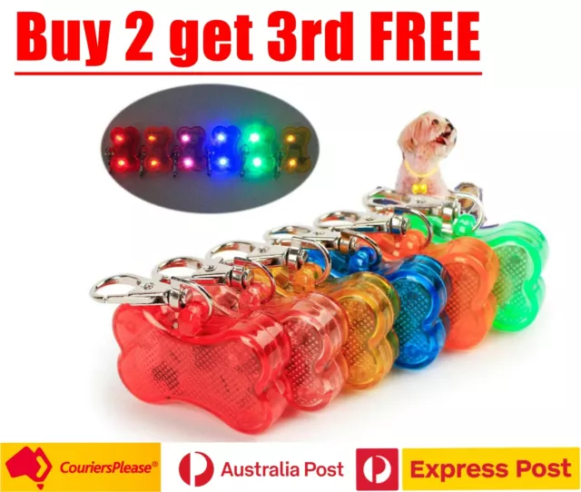 LED Pet Collar Tag Safety Night Light 3 Flashing Modes Multicolour Bone Shaped