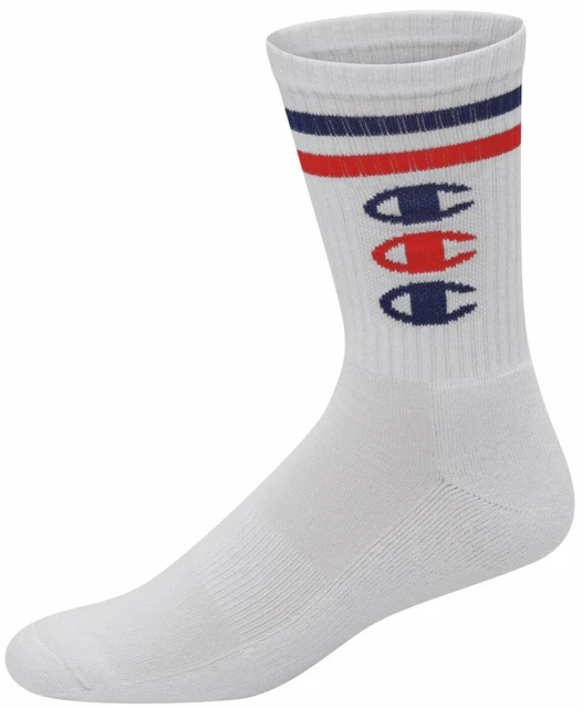 Champion Single Pair Crew Socks White, Iconic Red & Blue Logo Mens Size 6-12