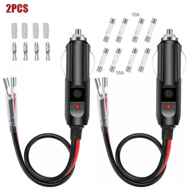 2Pack 12V 15A Fused Car Cigarette Lighter Adapter Power Male Plug with Leads