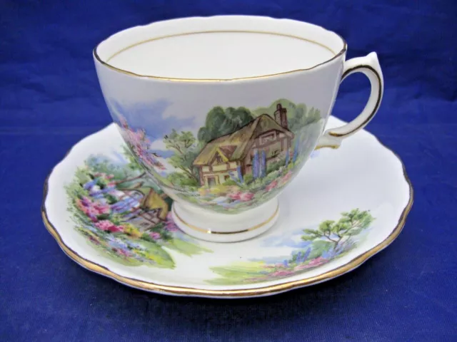 Vintage Royal Vale Tea Cup & Saucer Cottage Scene & Gardens - Bone China England