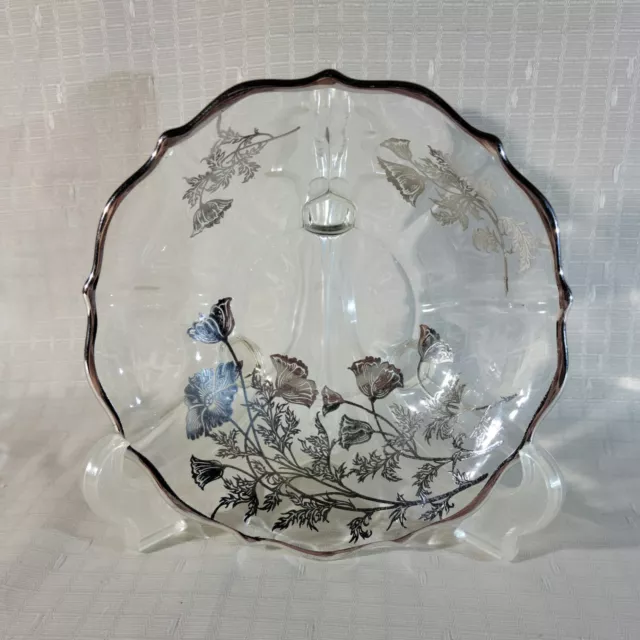 Vintage Silver City Glass Silver Overlay “Flanders” Three Footed Bowl Bon Bon