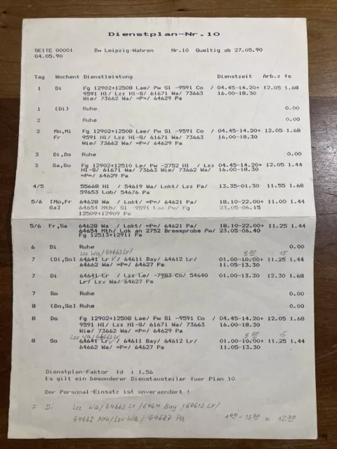 orig. DR Dienstplan Bw Leipzig-Wahren + Fahrplanänderung Deutsche Reichsbahn DDR