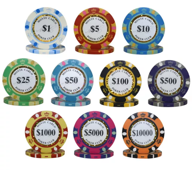 1000pcs 14G MONTE CARLO POKER CLUB POKER CHIPS BULK - Choose Denominations