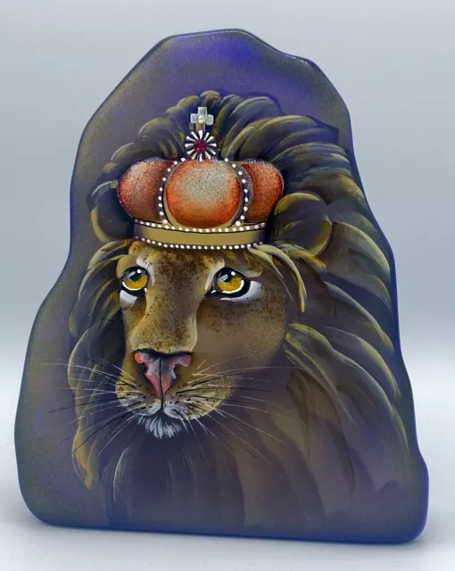 Fenton Art Glass OOAK Robin Spindler Painted Lion King on Cobalt Paperweight