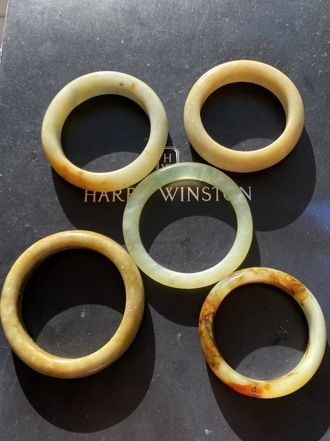 Five Hand Carved White&Green&Yellow Russet&Translucent Natural Jade Bangles