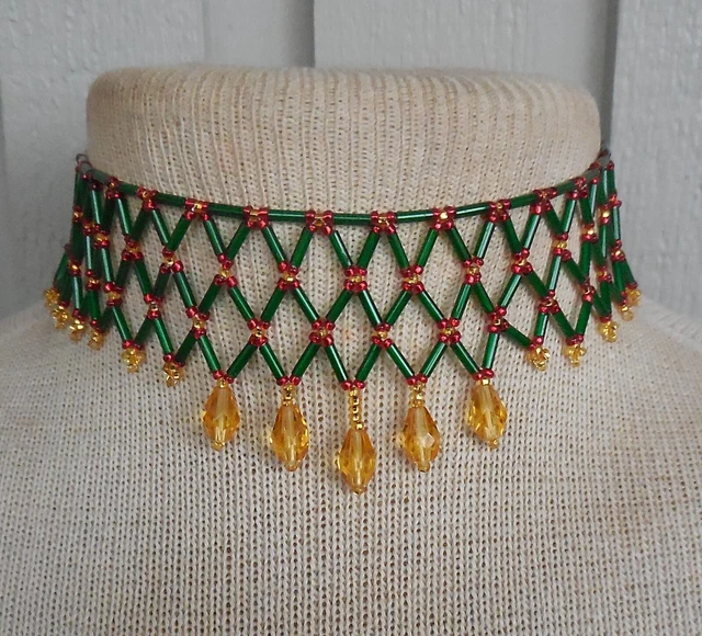 Netted Weave Beaded Rasta Choker Necklace Adjustable Length Green Red Gold Boho