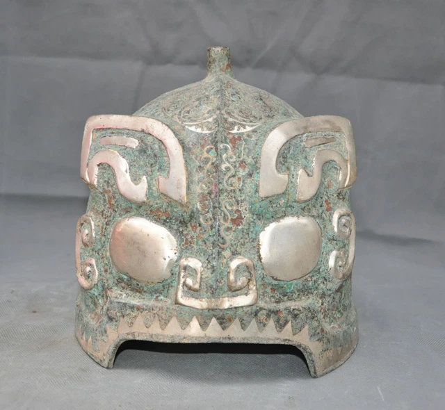 9"China Bronze Ware silver text beast head General Soldier armor helmet hat cap