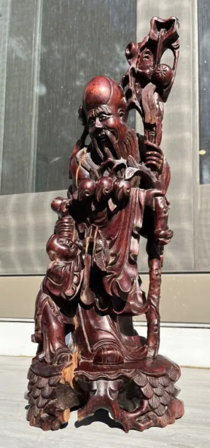 Signed 17" Antique Chinese carved wood figurine God Longevity Shou Lao