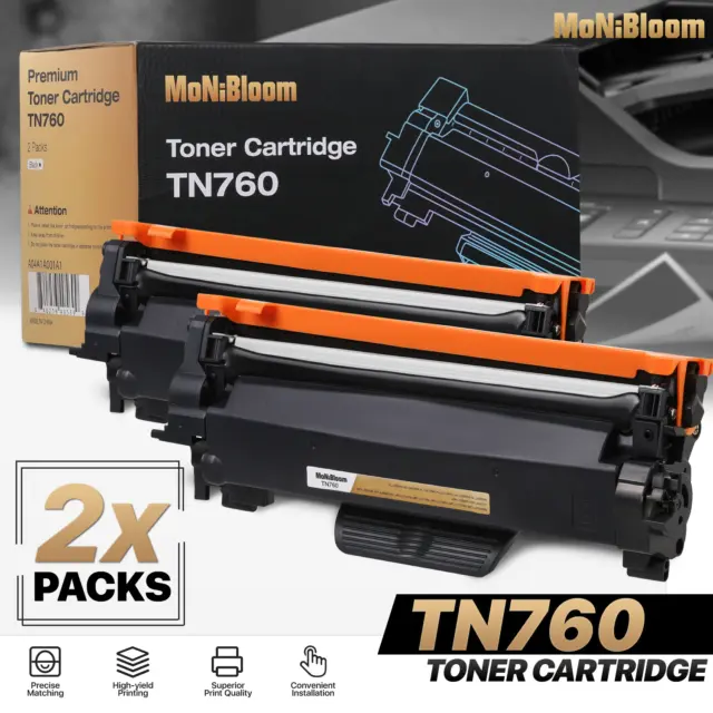 2PK TN760/730 Toner Cartridge Replacement w/Chip for Brother MFC-L2710DW L2750DW