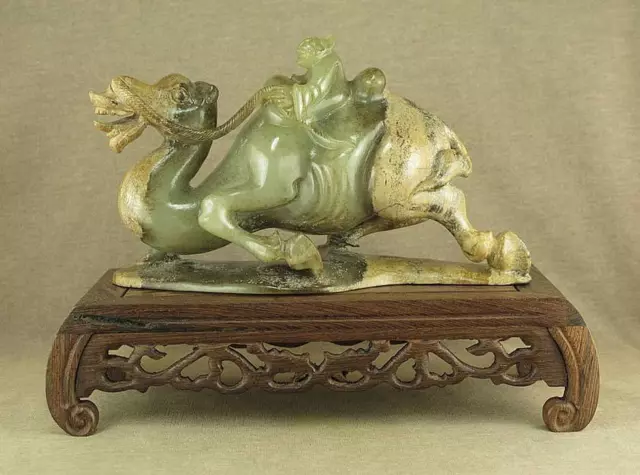 ANTIQUE TANG DYNASTY CHINESE CARVED OLD NEPHRITE JADE STATUE Hu HUMAN RIDE CAMEL