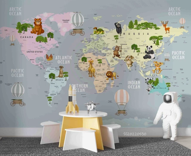 3D WORLD MAP Cartoon Animals Wallpaper Wall Mural Peel and Stick ...