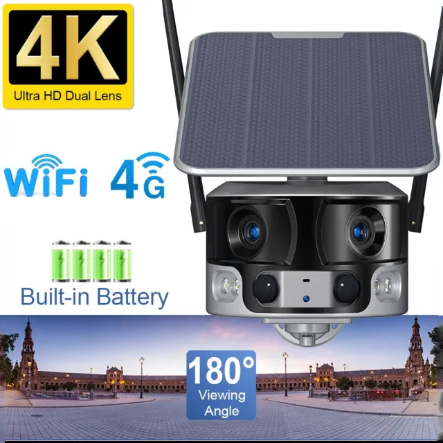 4G WIFI Solar Security Camera CCTV Outdoor Dual Lens 180° Panoramic Ultra 4K CAM