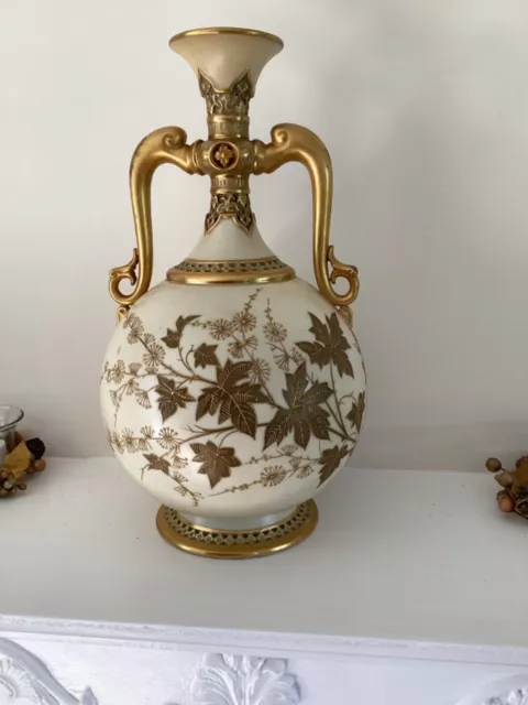 Antique Royal Worcester blush ivory twin handle vase standing 11” tall