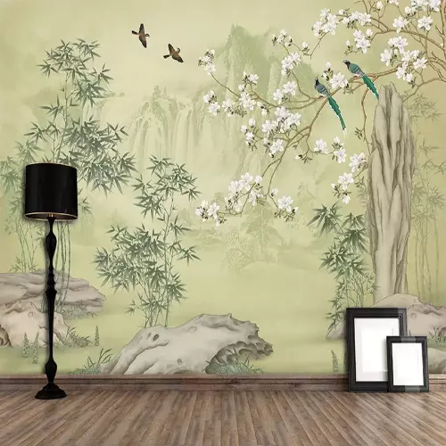 Mural Wallpaper 3D Bamboo Forest Flowers and Birds Wall Painting Room Decor 3