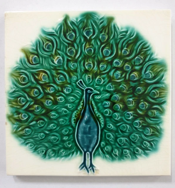 Vintage Majolica Tile DANCING PEACOCK  6in x 6in Japan (6777)