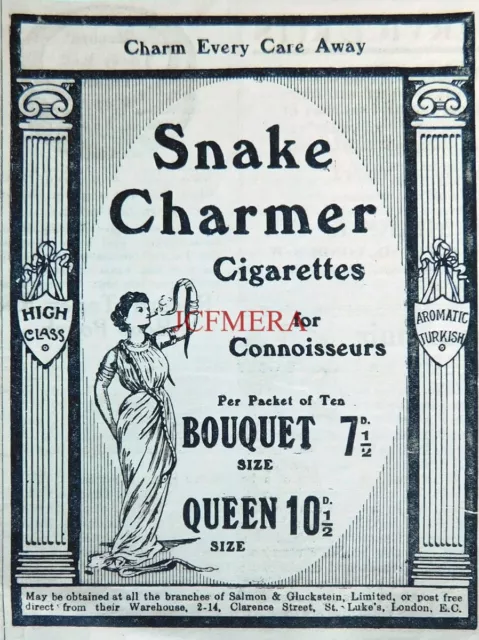 Salmon & Gluckstein 'SNAKE CHARMER' Cigarettes Advert #2 : Original 1915 Print