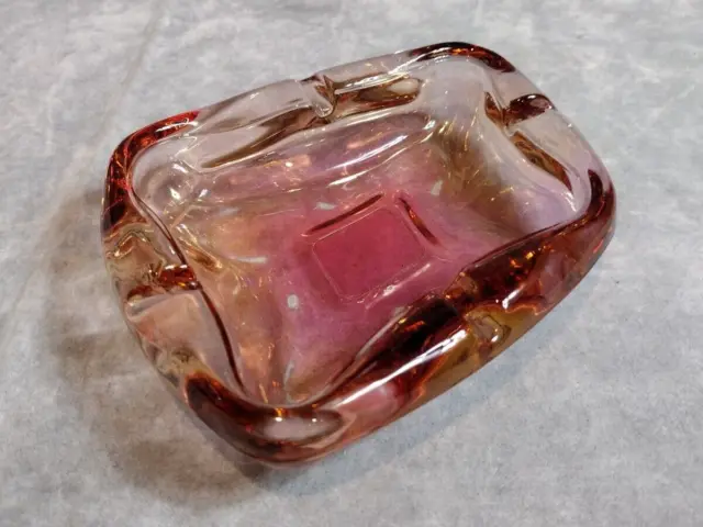 Anchor Hocking Iridescent Curved Rectangular Retro Art Glass Ashtray Pink Flash