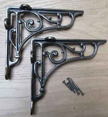 7" PAIR OF ANTIQUE IRON cast Victorian scroll ornate shelf support wall brackets