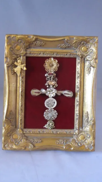 Framed Vintage Jewelry Cross Art Collage Hollywood Regency Gold Frame Ornate