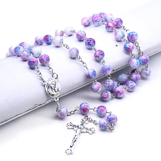 Cross Rosary Purple Glass Beads Catholic Holy Soil Center Crucifix Necklace