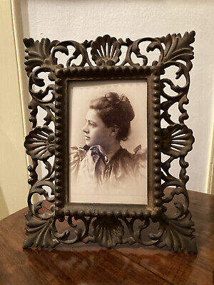 Antique 19th C Victorian Cast Iron Easel Back Photo Frame With A True Beauty!