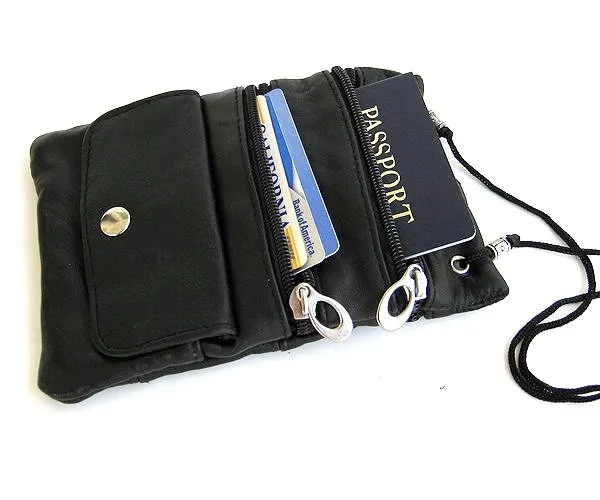 Black Genuine leather ID Travel Bag Neck Strap Lanyard Passport Holder