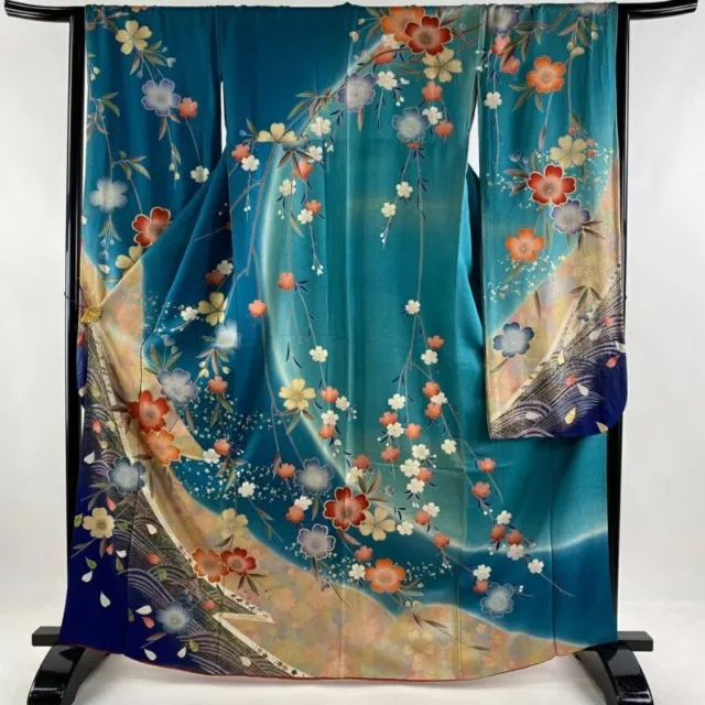 Woman Japanese Kimono Furisode Silk Cherry Blossom Wave Gold Silver BlueGreen