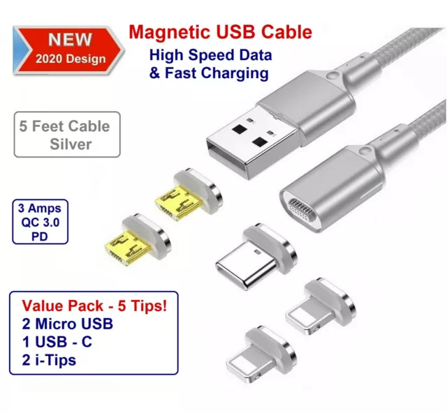 Gift Idea! USB Magnetic Cable, Data & Fast Charging, 5 Tips Value Pak 5ft SILVER