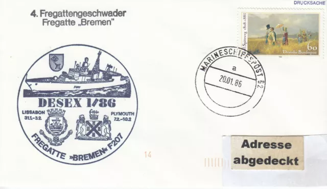 Bundesmarine, F207 Fregatte BREMEN,Desex1-86, Beleg mit MSP52-1986