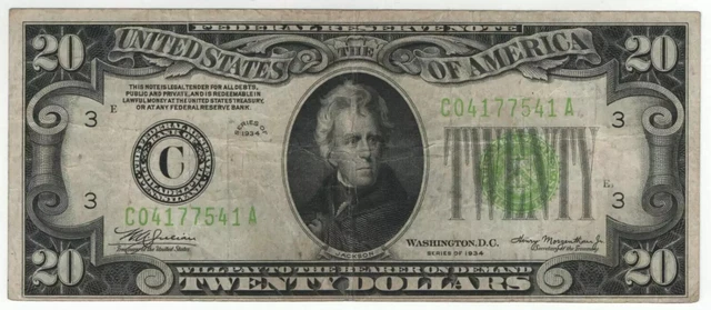 1934 $20 FEDERAL RESERVE NOTE PHILADELPHIA FR.2054-Clgs LIGHT GREEN SEAL VF(541A