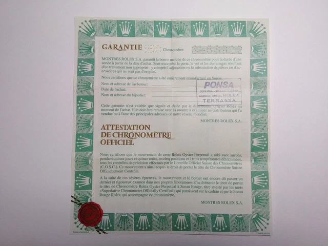 ROLEX GUARANTEE CERTIFICATE 16610, Code Genuine