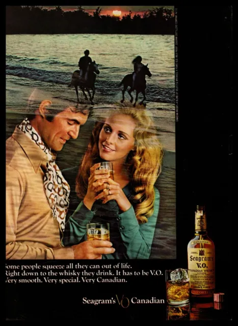 1970 Seagram's VO Canadian Whisky Horseback Riding On Beach At Sundown Print Ad