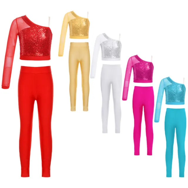Kids Girls Jazz Dance Costume Sheer Crop Tops With Leggings Cycling 2Pcs Outfits
