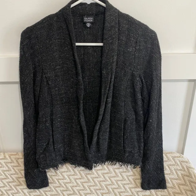 Eileen Fisher Women's Open Front Tweed Linen Wool Frayed Hem Jacket Black Sz XS