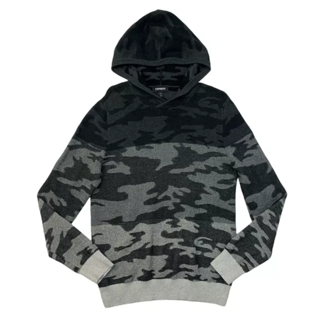 Express Sweater Mens S Small Gray Camo Hooded Pullover Knit Cotton Hoodie