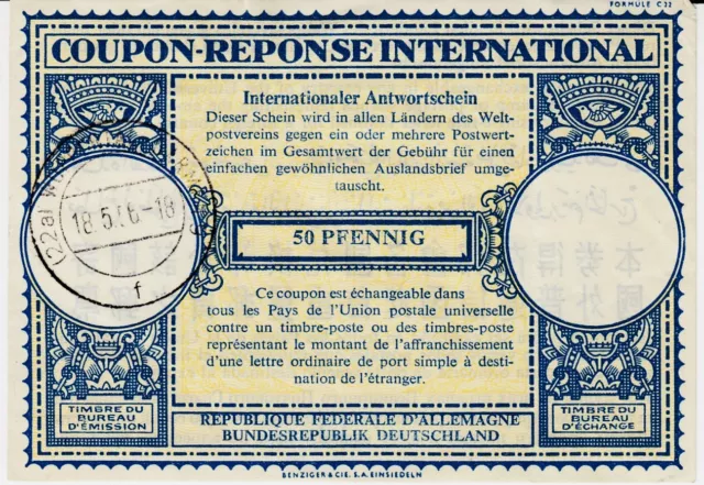 Internationaler Antwortschein-IAS, IRC, CRI Typ London, BRD 50Pf. 18.5.1956