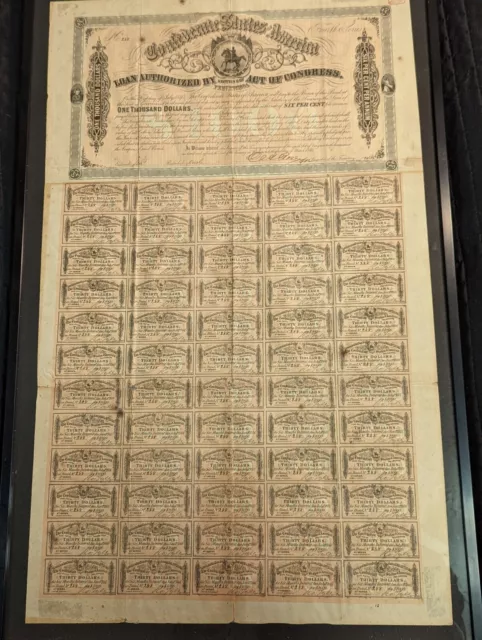 1864 Confederate Bond With Coupons Full Sheet Framed Antique