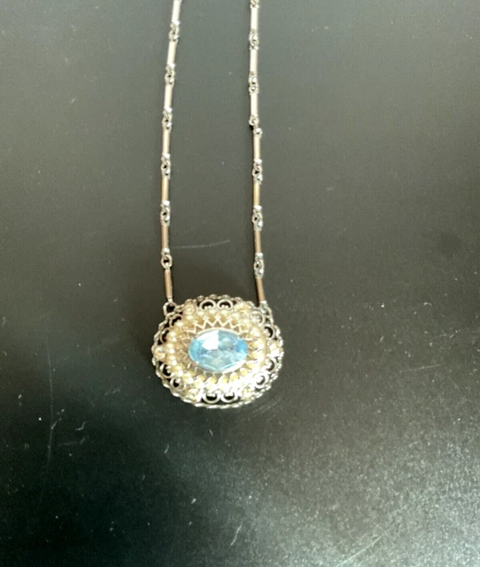 Vtg. Pegasus Coro Pendant Silver Chain Necklace Blue Rhinestones Faux Pearls