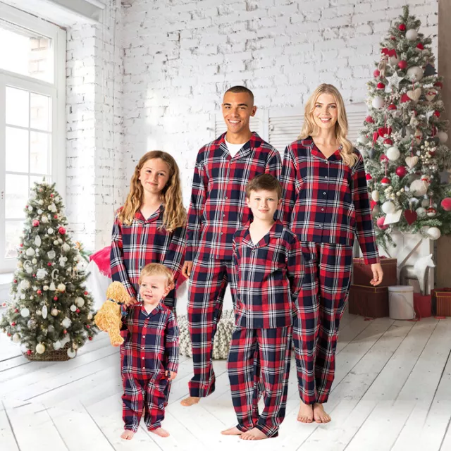 Family Matching Christmas Pyjamas Xmas Nightwear Adults Kids Tartan Lounge Sets